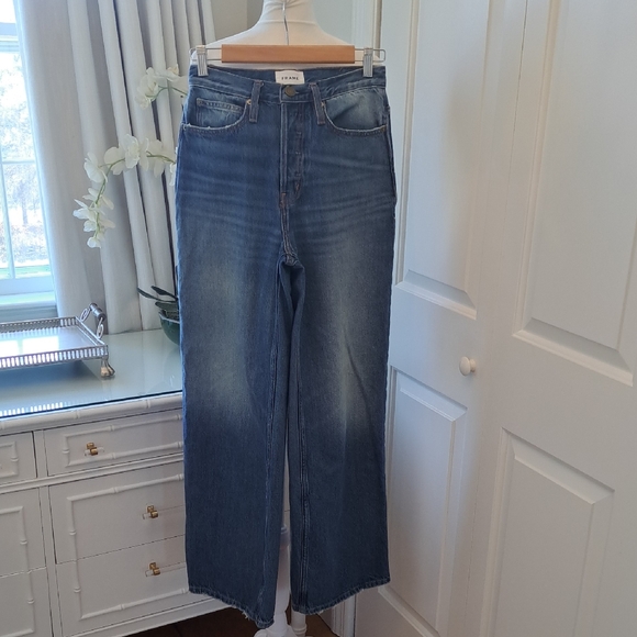 FRAME Womens Celeste 100% Cotton Med. Wash Wide Leg Trouser Jeans Button Fly 25